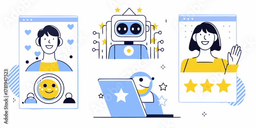 Robot and people interacting on screens showing positive feedback and ratings online