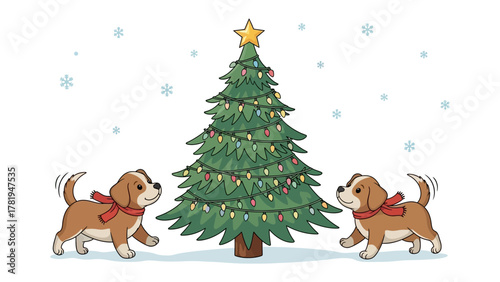 Festive Puppies Under Christmas Tree: Charming puppies frolic around a brilliantly decorated Christmas tree, a scene capturing the essence of holiday cheer and companionship.