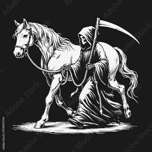 Gothic illustration of the Grim Reaper leading a pale horse.