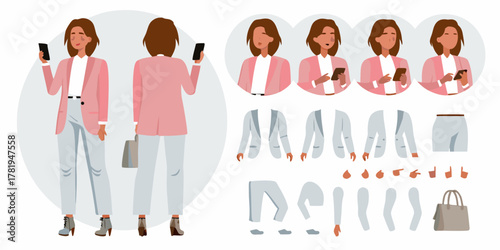 Woman character design kit with front and back views and customizable body parts and clothing