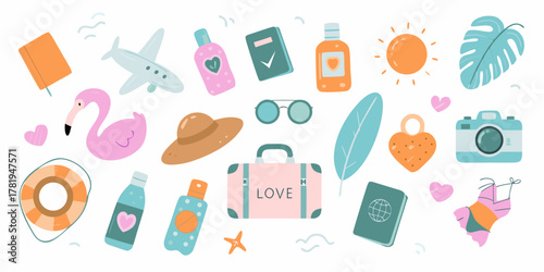 Collection of cute travel and vacation icons including a flamingo airplane suitcase and beach essentials