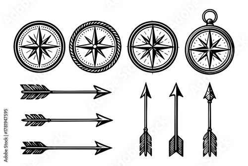Vintage compass and arrow set in hand-drawn style for adventure and navigation themes