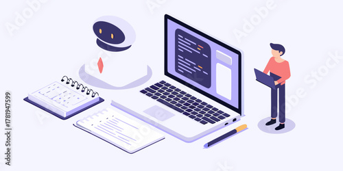 Isometric illustration of a programmer working with a robot assistant and laptop displaying code on a desk