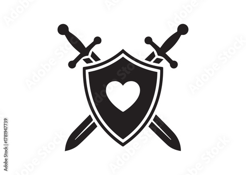 Shield and swords with heart icon, Shield and swords with heart solid vector