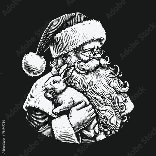 Vintage hand drawn Santa Claus holding a cute rabbit.