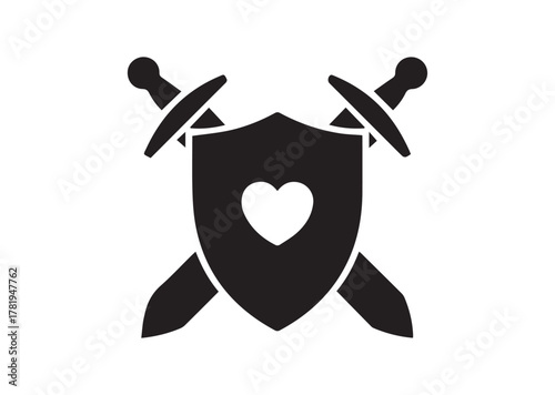 Shield and swords with heart icon, Shield and swords with heart solid vector