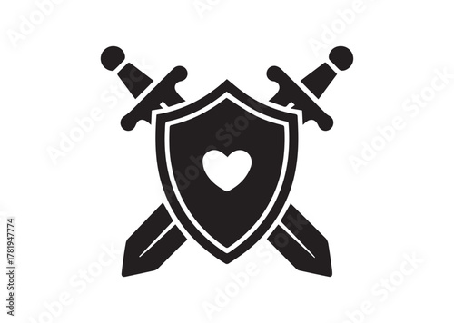 Shield and swords with heart icon, Shield and swords with heart solid vector