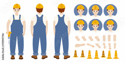 Construction worker character kit with front and back views multiple facial expressions hands and traffic cones