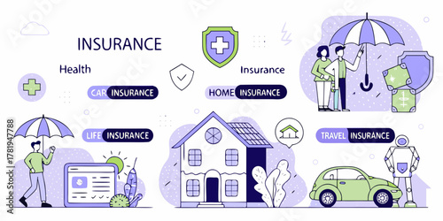 Comprehensive insurance services explained with icons for health life car home and travel protection