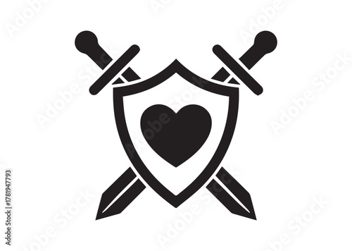 Shield and swords with heart icon, Shield and swords with heart solid vector