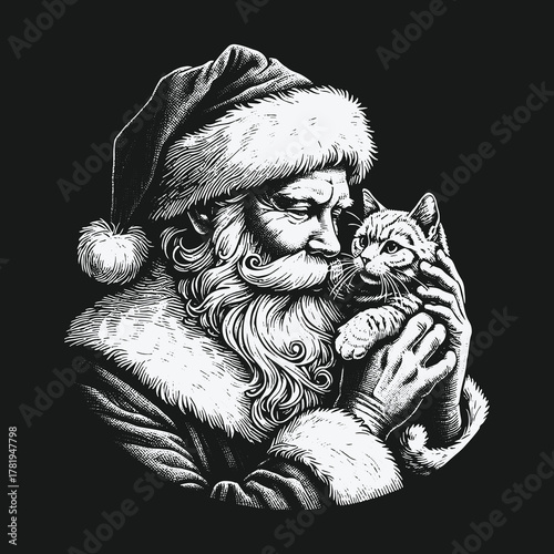 Vintage black and white illustration of Santa Claus holding a cat.
