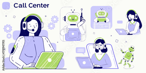 Call center agents and robots working together with laptops and headsets providing customer service support
