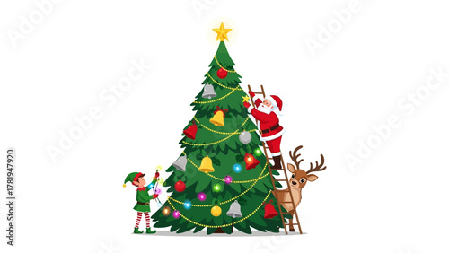 Christmas Decorations: A festive scene unfolds as Santa Claus, and an elf join forces to decorate a majestic Christmas tree, with a reindeer providing holiday cheer.