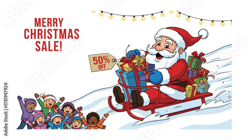 Santa's Christmas Sale: A festive scene where Santa Claus delivers joy, riding a sleigh laden with gifts and sale tags, accompanied by delighted children enjoying the winter wonderland.