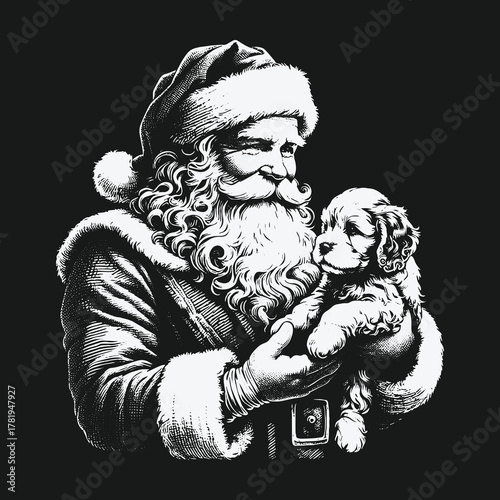 Monochrome Vintage Santa Claus Gently Holding a Cute Puppy Dog.