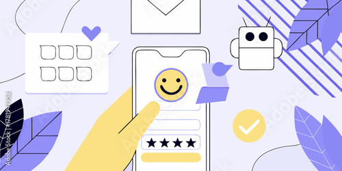 Customer feedback concept with a hand holding a smartphone displaying a happy face and star ratings with a robot and mail icon