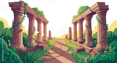 Ancient ruins with stone pillars in nature vector illustration on white background