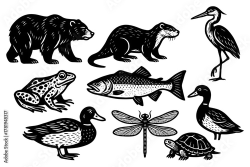 Black and white animal silhouettes: bear, otter, heron, frog, fish, duck, dragonfly, turtle