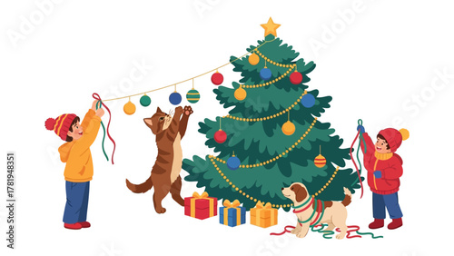 Christmas Tree Decorating: Capture a scene of holiday cheer as children and pets come together to adorn a Christmas tree with ornaments, the very essence of yuletide delight