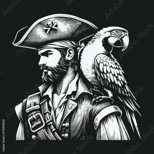 Vintage engraving style portrait of a pirate with a parrot on his shoulder.