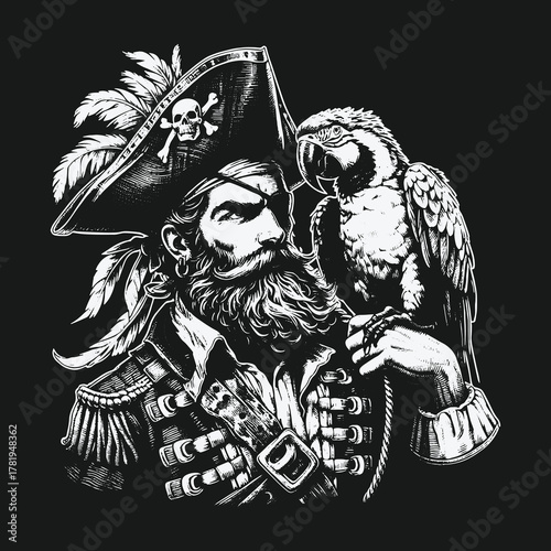 Monochrome illustration of a bearded pirate captain with a parrot on his shoulder.