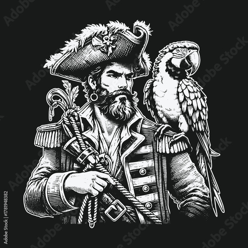 Vintage monochrome illustration of a bearded pirate captain with a parrot on his shoulder.