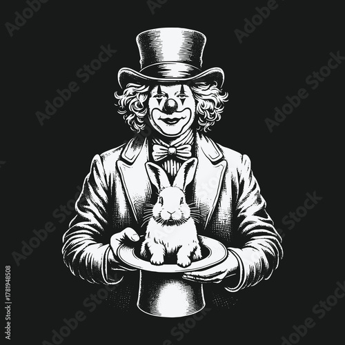 Vintage monochrome illustration of a smiling clown magician with a rabbit.