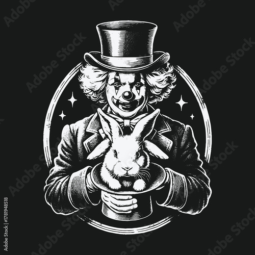 Creepy Clown Magician Pulling a Rabbit From a Top Hat Illustration.