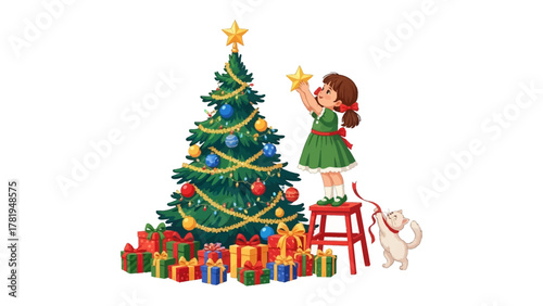 Festive Decorating: A young person on a stool places a star atop a beautifully decorated tree, surrounded by wrapped gifts, embodying the spirit of celebration and joy.