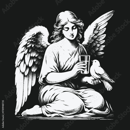 Kneeling Angel with a Dove and Cup Black and White Illustration.
