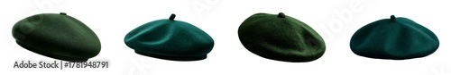 Set of dark green wool berets, isolated on transparent background