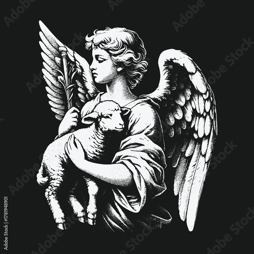 Classical guardian angel holding a gentle lamb black and white illustration.