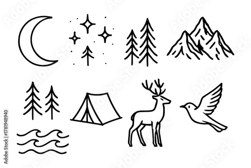 Minimalist nature icons: moon, stars, trees, mountains, tent, deer, bird