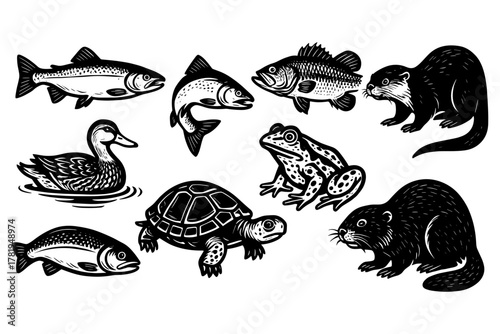 Monochrome wildlife set featuring fish, mammals, and reptiles in bold style