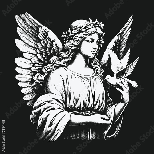 Vintage Engraving Style Illustration of a Serene Angel Holding a Dove.