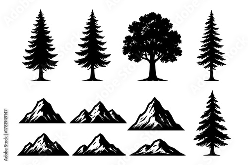 Nature silhouettes: evergreen trees and mountain peaks for design projects