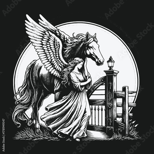 Mythical black and white illustration of a woman with a Pegasus horse.