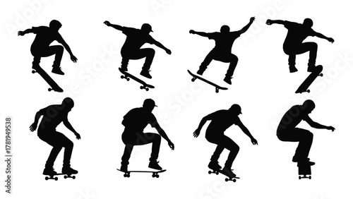 Skateboarders silhouettes collection isolated on white background, Vector