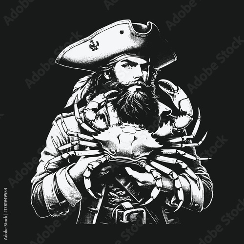 Monochrome illustration of a bearded pirate captain holding a large crab.
