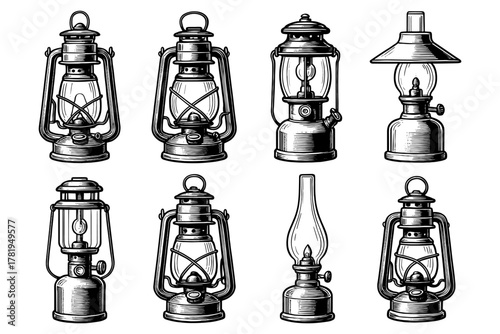 Vintage lantern collection: detailed set of hand drawn classic lamps for retro design