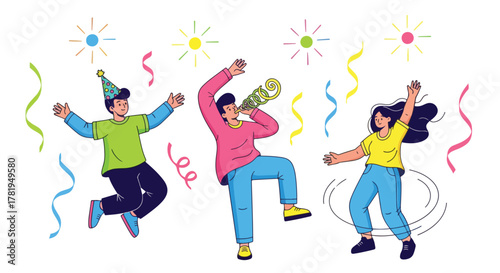 Celebrating together joyful party illustration with dancing figures, confetti, and party accessories
