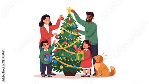 Festive Family Christmas: A heartwarming scene unfolds as a family gathers around a Christmas tree, decorating it with ornaments and lights, the joy of the holiday season palpable in the air.