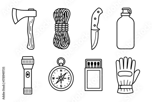 Essential camping gear icons: ax, rope, knife, bottle, flashlight, compass, matches, gloves