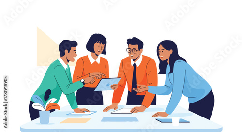 Diverse team of professionals collaborating on a project around a table with digital tablet, discussing strategies and ideas in a modern office setting