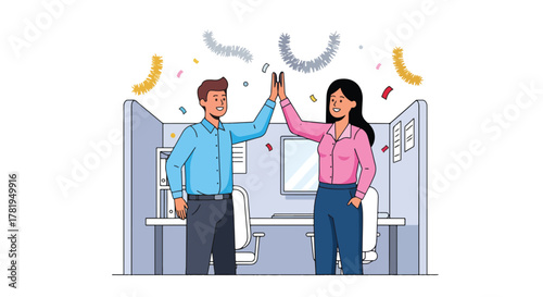 Two enthusiastic colleagues celebrate a successful project completion with a vibrant high-five, showcasing excellent teamwork, motivation, and professional achievement in a modern office environment