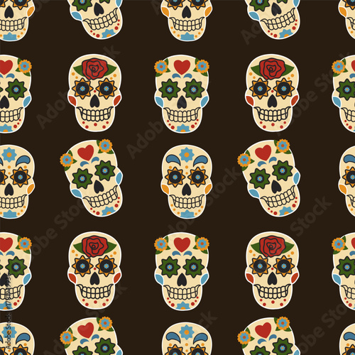 Seamless pattern with funny sugar skulls for Day of the Dead decorations. Vector background.