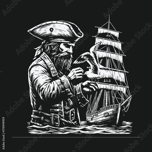 Bearded pirate captain holding a seagull with a sailing ship in the background.
