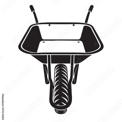Black and white vector illustration of a wheelbarrow in minimalist silhouette style. Perfect for construction, gardening, farming, and building industry design projects. Clean, detailed, and isolated 