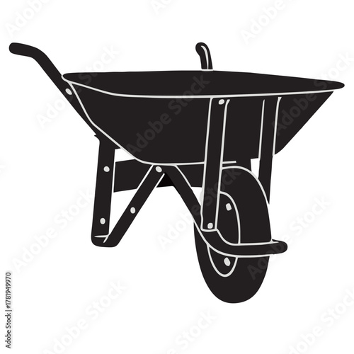 Black and white vector illustration of a wheelbarrow in minimalist silhouette style. Perfect for construction, gardening, farming, and building industry design projects. Clean, detailed, and isolated 
