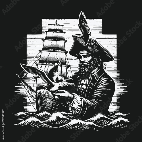 Vintage monochrome illustration of a pirate captain holding a seabird.